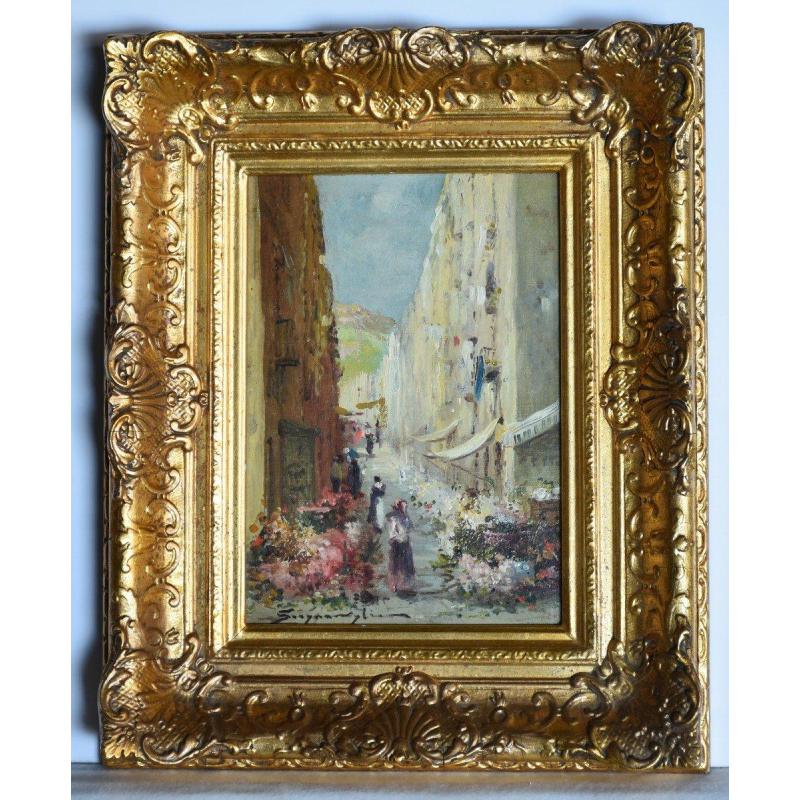 Pair of paintings - animated flower market scenes, 20th century