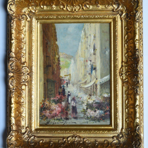 Pair of paintings - animated flower market scenes, 20th century