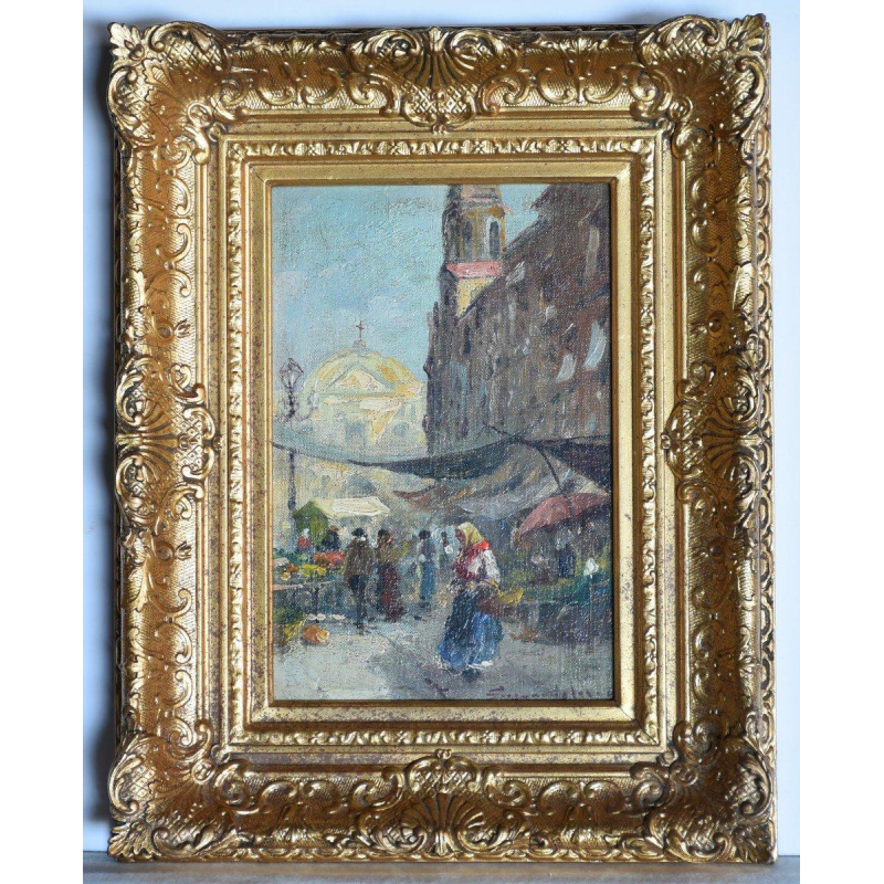 Schilderijenpaar - geanimeerde bloemenmarktscènes, 20e eeuw