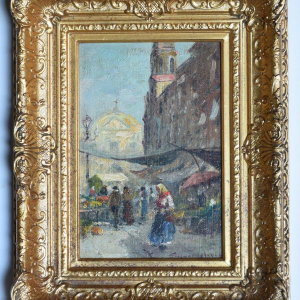 Pair of paintings - animated flower market scenes, 20th century