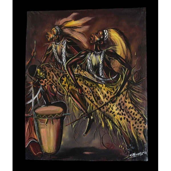 KITENGE Joseph, scène de danse traditionnelle, huile sur toile, Congo XXe s