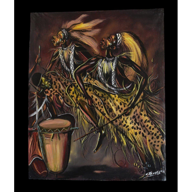 KITENGE Joseph, traditionele dansscène, olieverf op doek, Congo 20e eeuw