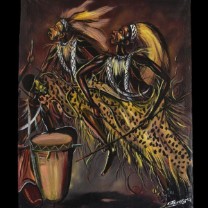 KITENGE Joseph, traditional dance scene, oil on canvas, Congo 20th century