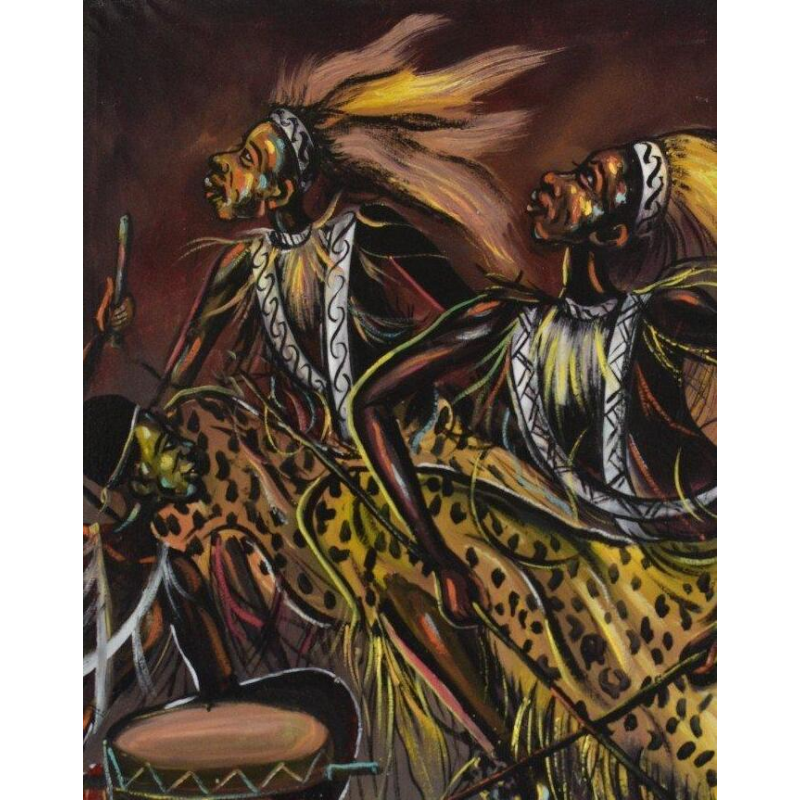 KITENGE Joseph, traditional dance scene, oil on canvas, Congo 20th century