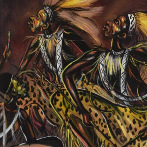 KITENGE Joseph, traditionele dansscène, olieverf op doek, Congo 20e eeuw