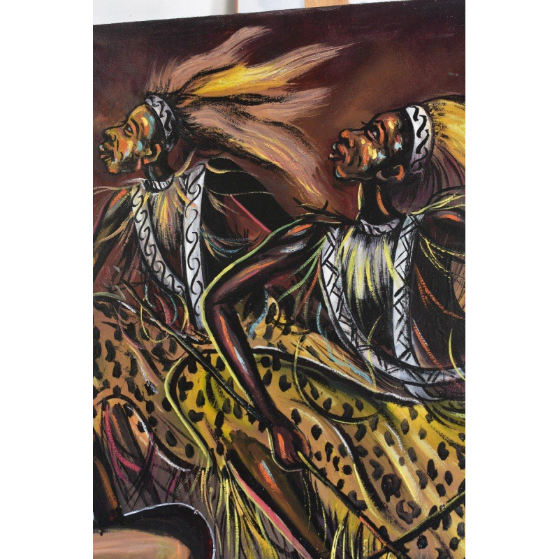 KITENGE Joseph, scène de danse traditionnelle, huile sur toile, Congo XXe s
