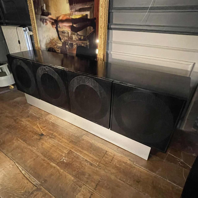 De Coene Frères, Vintage Op'Art Brutalist Sideboard, Black Oak Aluminum 1970
