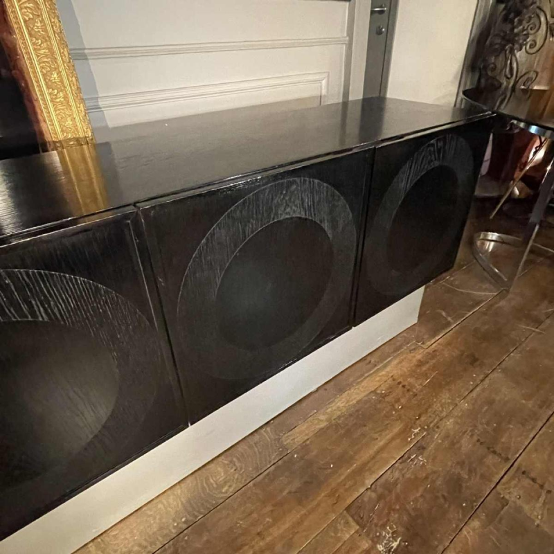 De Coene Frères, Vintage Op'Art Brutalist Sideboard, Black Oak Aluminum 1970