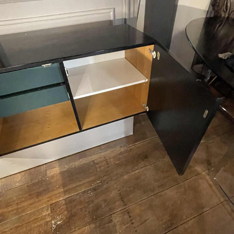 De Coene Frères, Vintage Op'Art Brutalist Sideboard, Black Oak Aluminum 1970