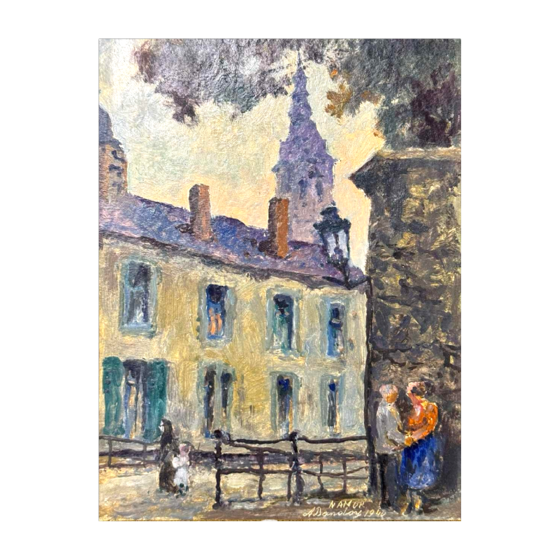 Albert DANDOY ‘Couple of lovers near the Arsenal in Namur’ oil on cardboard