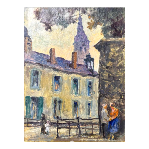 Albert DANDOY ‘Couple of lovers near the Arsenal in Namur’ oil on cardboard