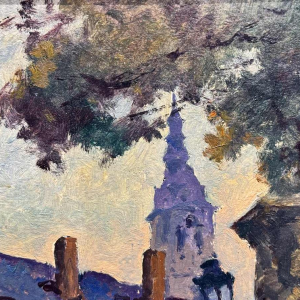 Albert DANDOY ‘Couple of lovers near the Arsenal in Namur’ oil on cardboard