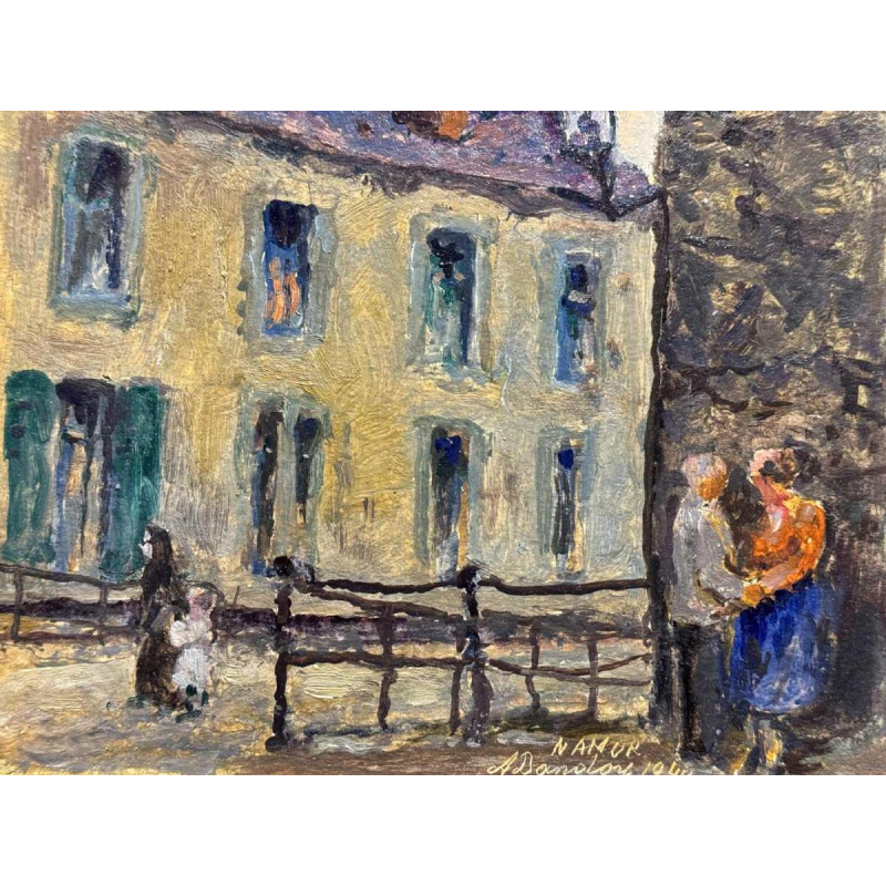 Albert DANDOY ‘Couple of lovers near the Arsenal in Namur’ oil on cardboard