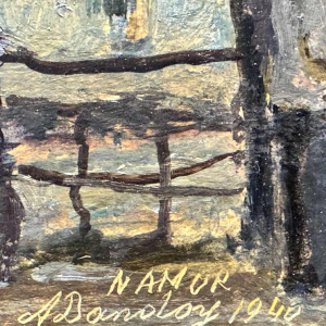 Albert DANDOY ‘Couple of lovers near the Arsenal in Namur’ oil on cardboard