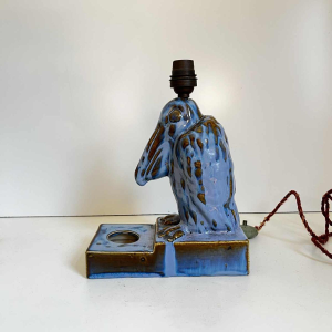 Pelikaan' sculptuur, Art Deco lampenvoet / inktpot van fijn geglazuurd steengoed, ca 1930