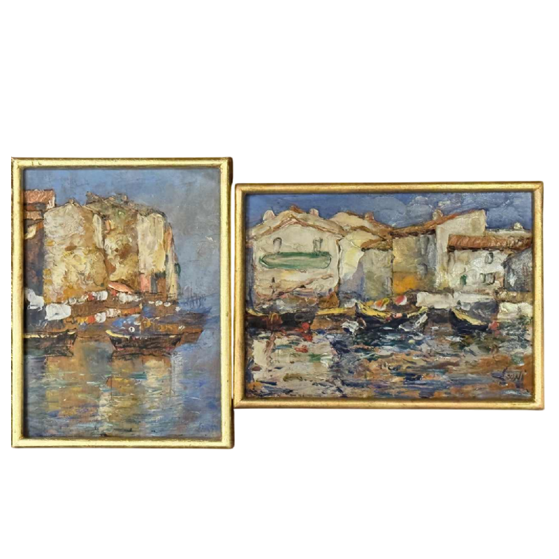 " Martigues La Venise Provençale ", paire d'huiles Leoni à Marseille vers 1920
