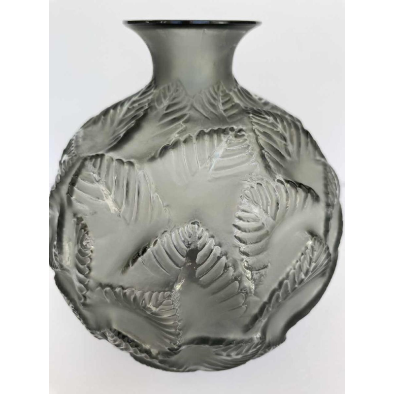 R. Lalique, Art Deco Ormeaux or Feuillage ball vase, matt and gloss grey glass, 1926