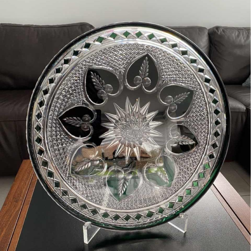 Val Saint Lambert, large green-lined cut crystal dish/platter, early 20th century