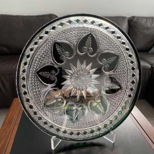 Val Saint Lambert, large green-lined cut crystal dish/platter, early 20th century