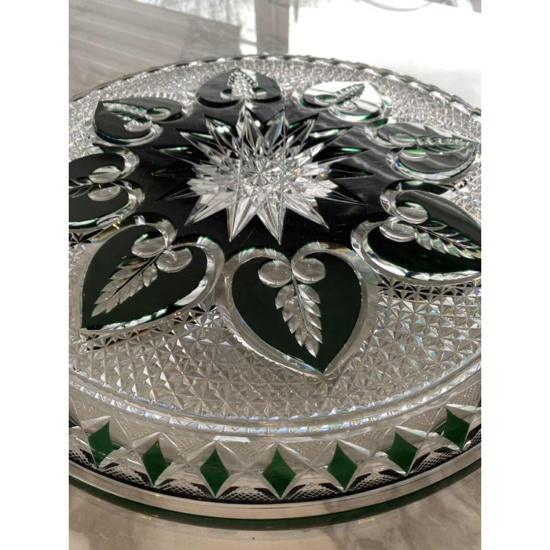 Val Saint Lambert, large green-lined cut crystal dish/platter, early 20th century