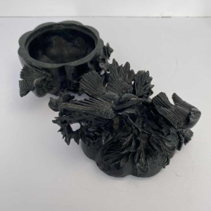 Carved nephrite box, pumpkin decorated with leaves and birds