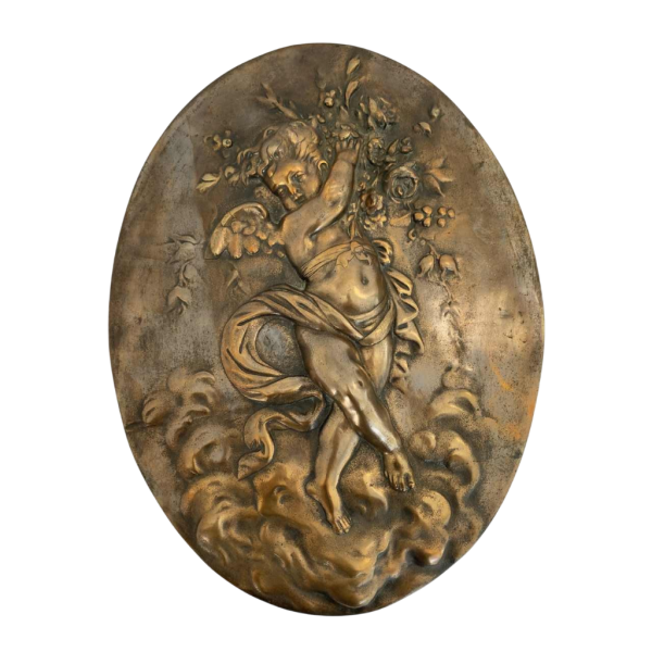 Bas-relief “putto portant des fleurs“ sculpture romantique en bronze, fin XIXe s