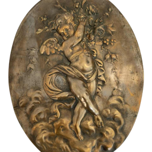 Bas-relief “Putto Carrying Flowers” romantic bronze sculpture, late 19th c