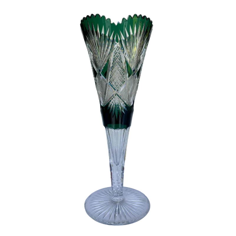 Val-Saint-Lambert, hoge 'Sheffel' vaas (46 cm), rijk geslepen kristal met groene voering, ca 1905