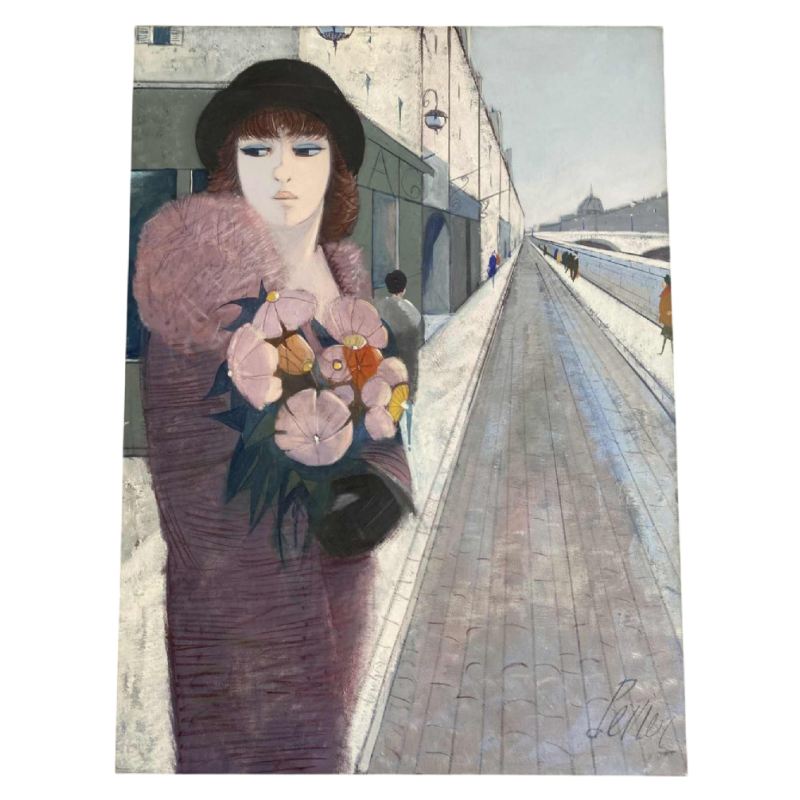 Charles Levier ‘Le Quai’ painting oil on canvas, ‘trente glorieuses’ style, 20th century