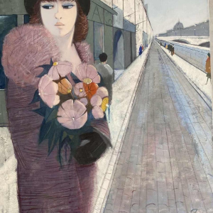 Charles Levier ‘Le Quai’ painting oil on canvas, ‘trente glorieuses’ style, 20th century