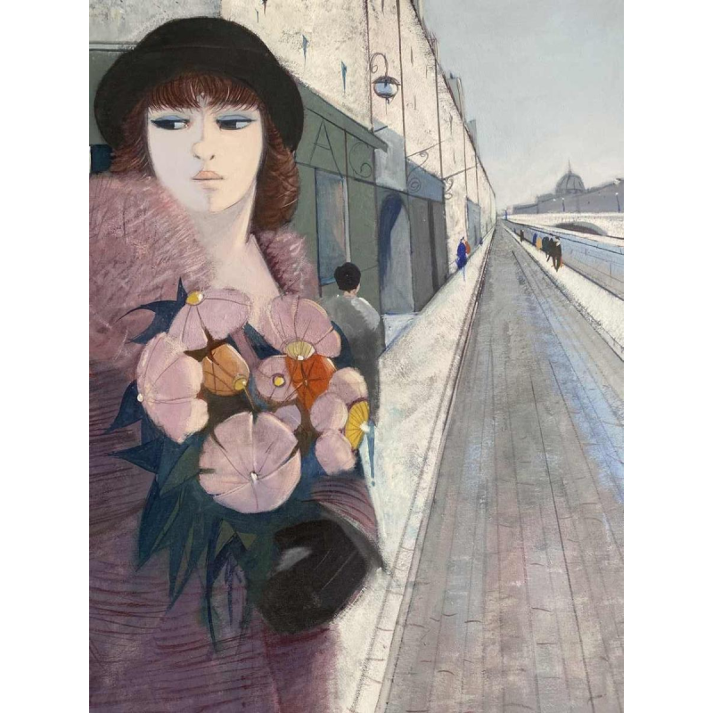 Charles Levier ‘Le Quai’ painting oil on canvas, ‘trente glorieuses’ style, 20th century