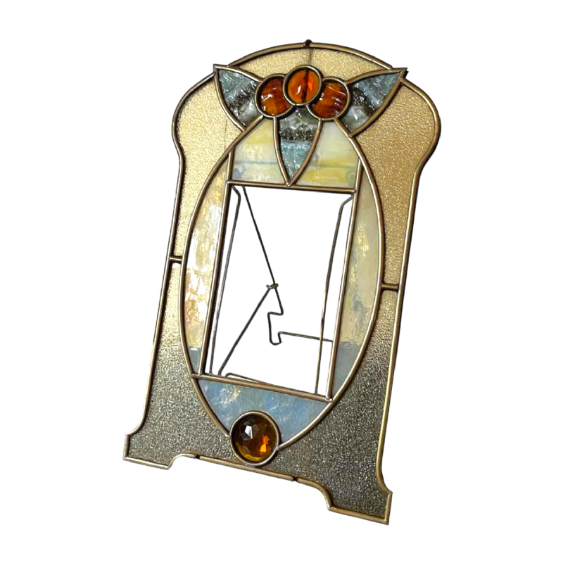 Jugendstil / Art Deco fotohouder op messing voet, cabochons & glas in lood, ca 1900/1920