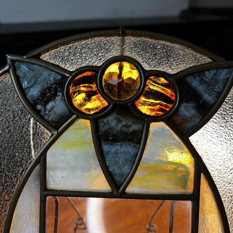 Art Nouveau / Art Deco photo holder on brass stand, cabochons & stained glass, ca 1900/1920