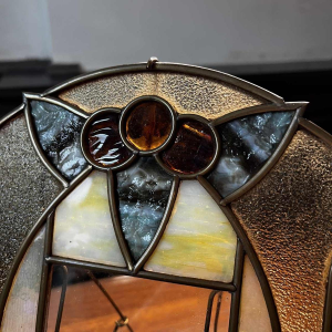 Art Nouveau / Art Deco photo holder on brass stand, cabochons & stained glass, ca 1900/1920