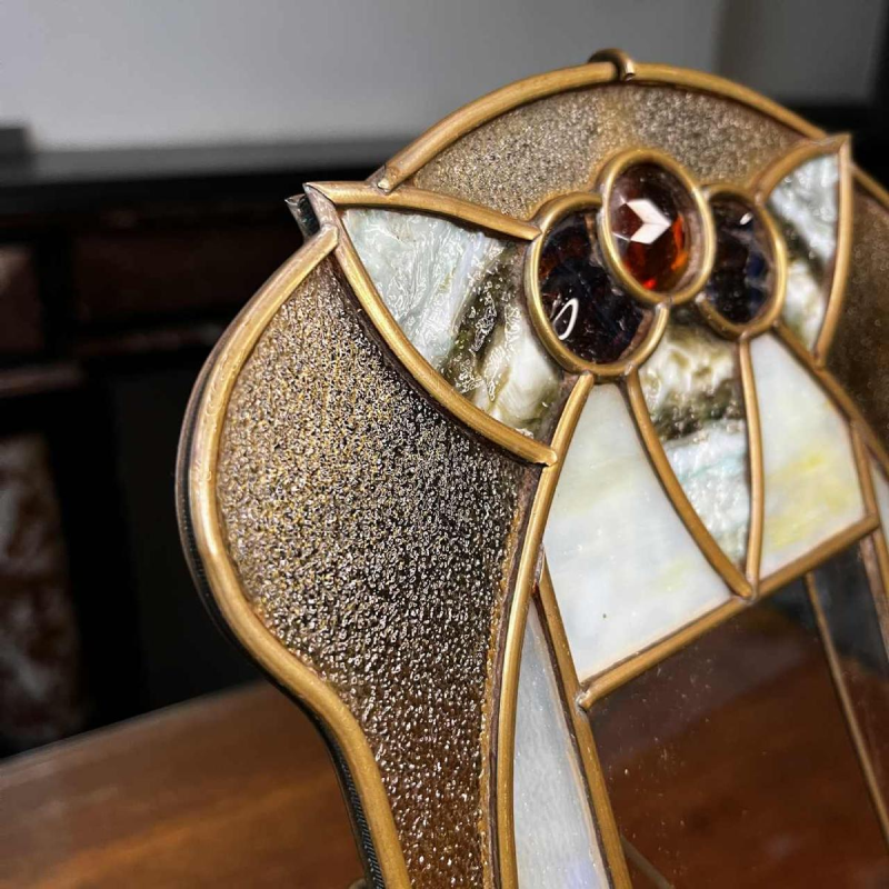 Art Nouveau / Art Deco photo holder on brass stand, cabochons & stained glass, ca 1900/1920