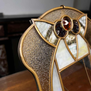 Art Nouveau / Art Deco photo holder on brass stand, cabochons & stained glass, ca 1900/1920