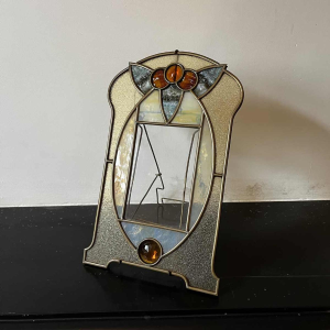 Art Nouveau / Art Deco photo holder on brass stand, cabochons & stained glass, ca 1900/1920