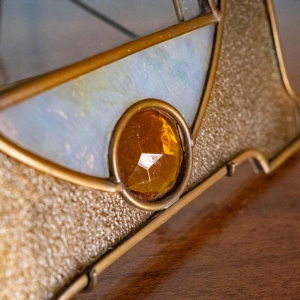 Art Nouveau / Art Deco photo holder on brass stand, cabochons & stained glass, ca 1900/1920