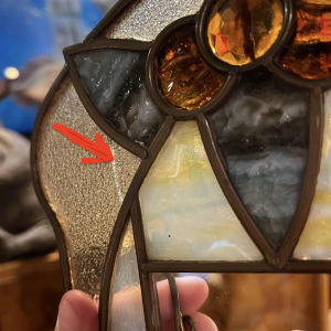 Art Nouveau / Art Deco photo holder on brass stand, cabochons & stained glass, ca 1900/1920