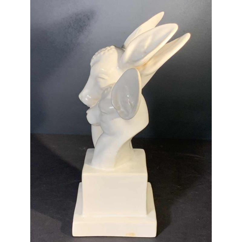 G.H. LAURENT, White Animal Sculpture Art Deco Ceramic Crackle Doe & Fawn 1930s