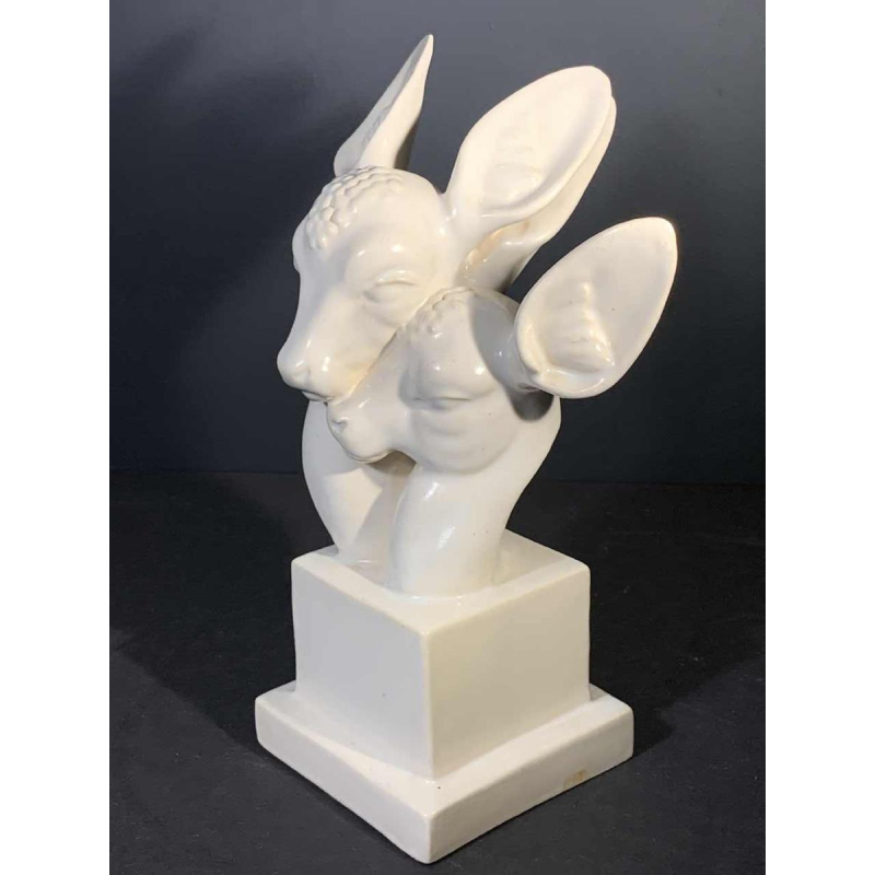 G.H. LAURENT, Art Deco Dieren Gebarsten Keramiek Sculptuur, Doe & Reekalf, 1930s