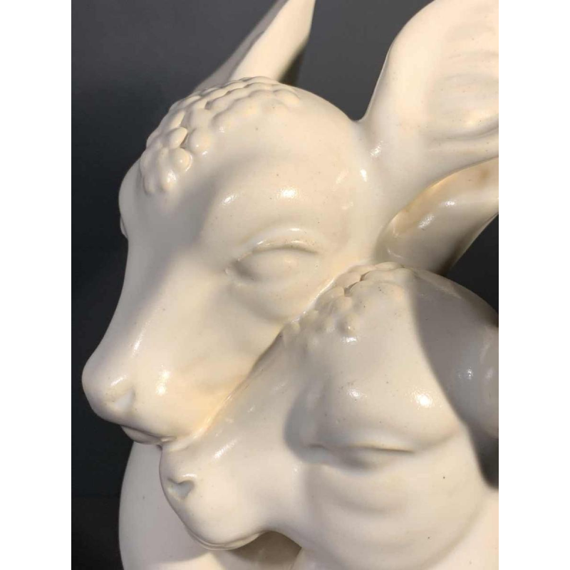 G.H. LAURENT, White Animal Sculpture Art Deco Ceramic Crackle Doe & Fawn 1930s
