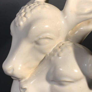 G.H. LAURENT, White Animal Sculpture Art Deco Ceramic Crackle Doe & Fawn 1930s
