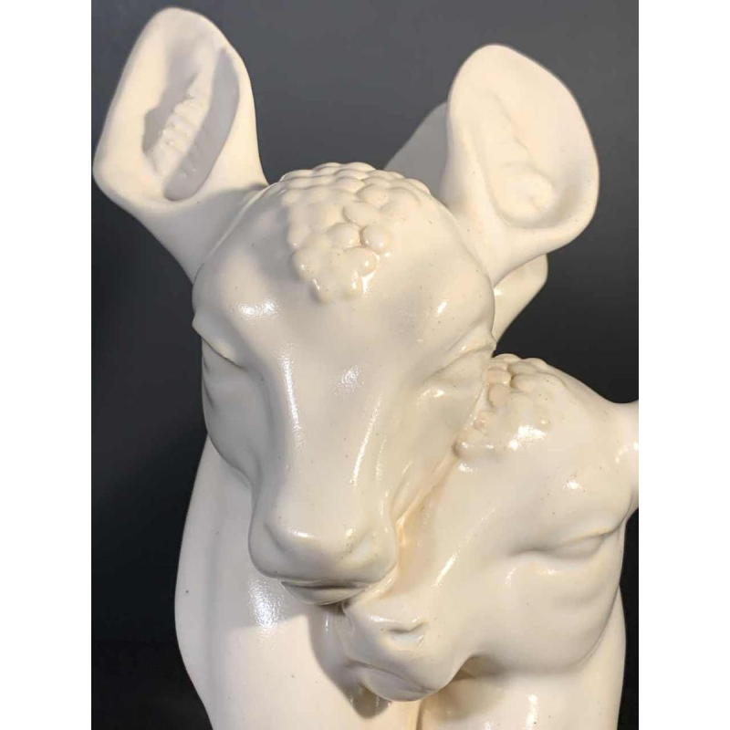 G.H. LAURENT, Sculpture Animalière Art Déco Céramique Craquelée Biche Faon 1930s