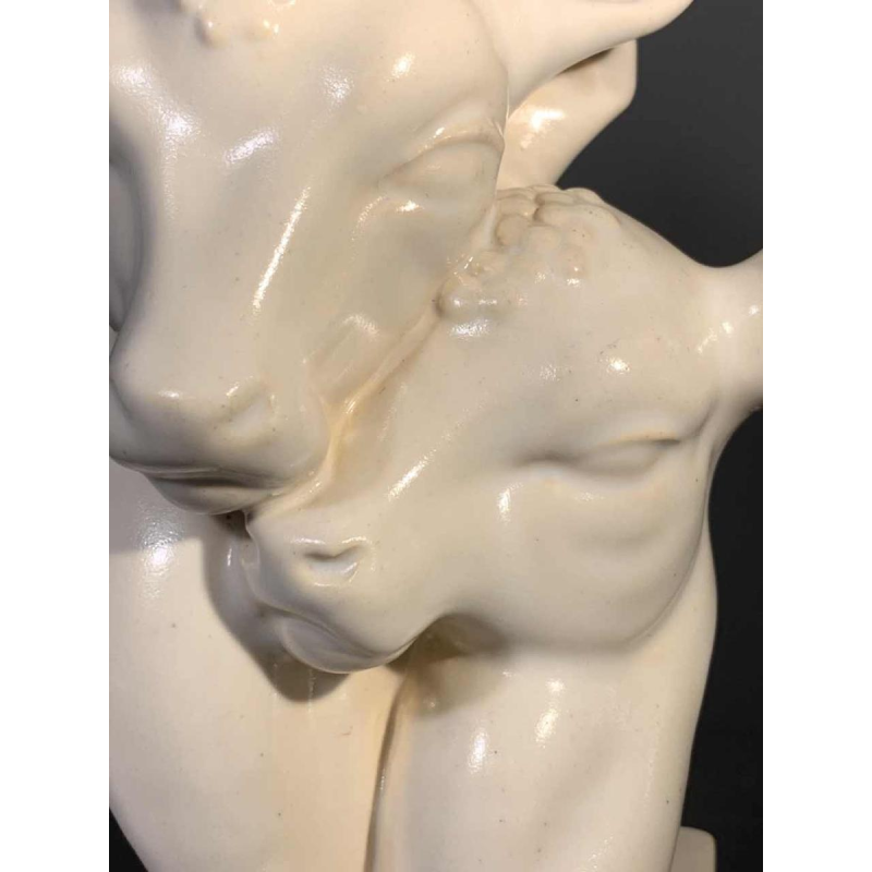 G.H. LAURENT, White Animal Sculpture Art Deco Ceramic Crackle Doe & Fawn 1930s