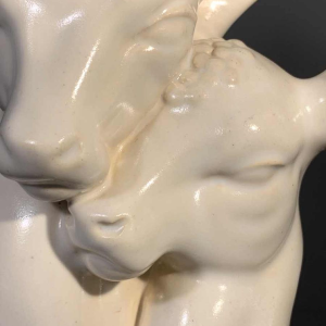 G.H. LAURENT, White Animal Sculpture Art Deco Ceramic Crackle Doe & Fawn 1930s