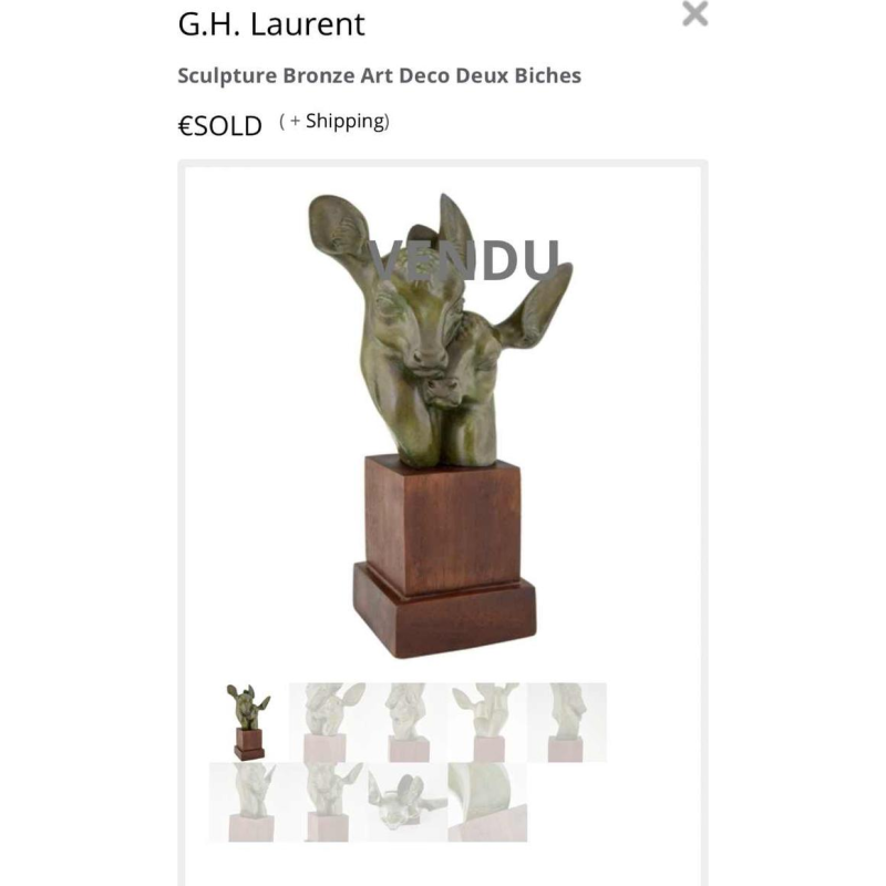 G.H. LAURENT, White Animal Sculpture Art Deco Ceramic Crackle Doe & Fawn 1930s