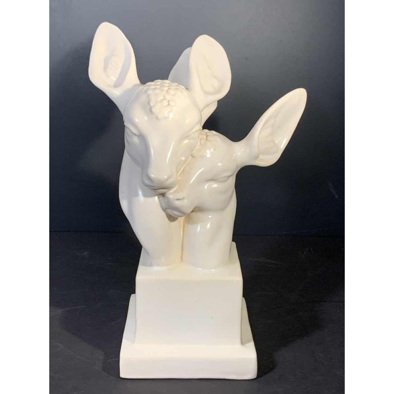 G.H. LAURENT, White Animal Sculpture Art Deco Ceramic Crackle Doe & Fawn 1930s