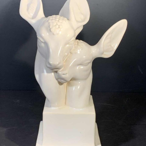 G.H. LAURENT, Sculpture Animalière Art Déco Céramique Craquelée Biche Faon 1930s