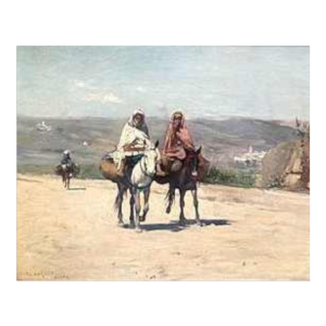 Frantz Charlet 'Woestijnlandschap met ezelruiters' oriëntalistisch schilderij, ca 1900